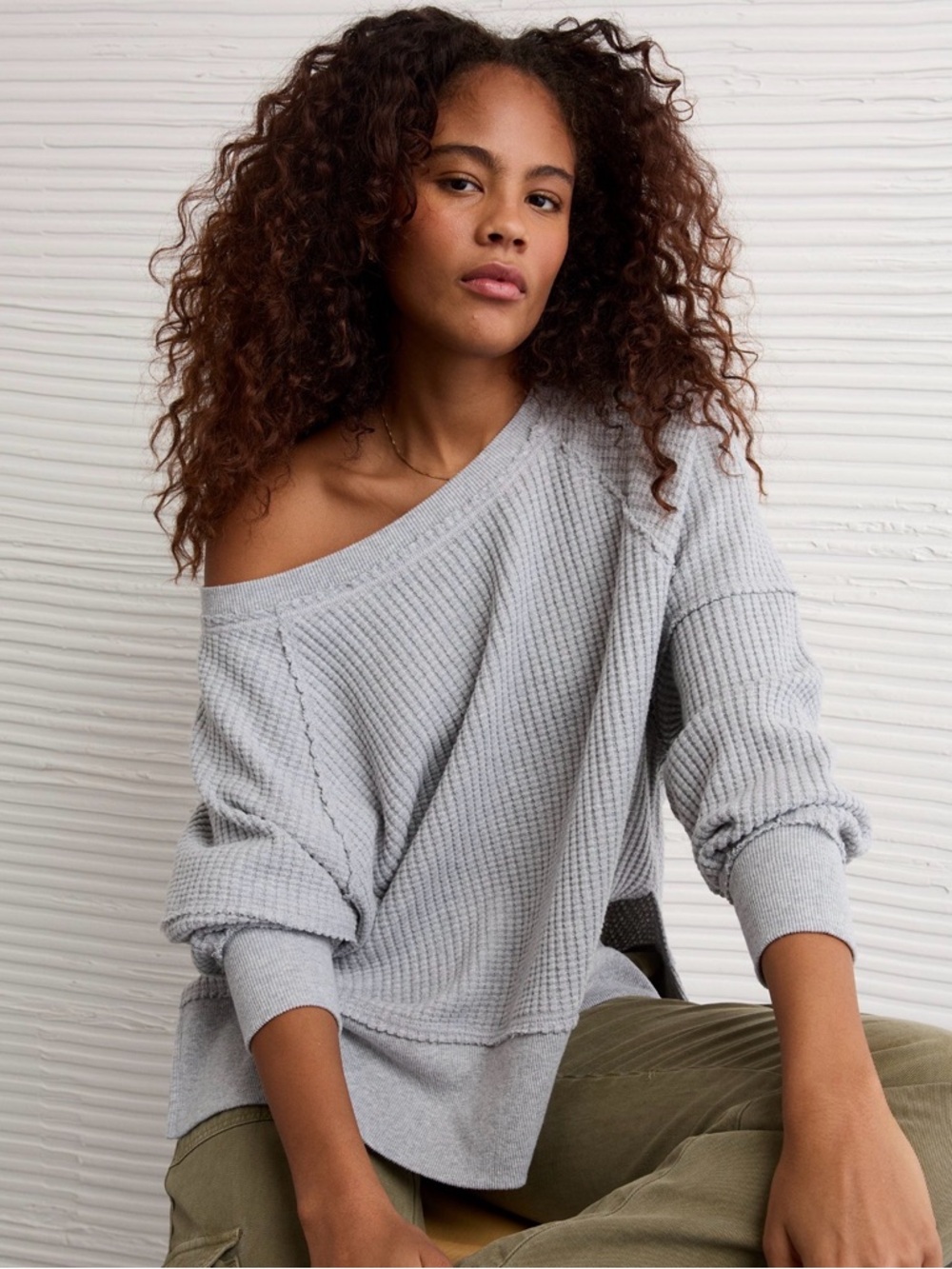 American Eagle Outfitters Light Gray Off-the-Shoulder Waffle Knit Sweater